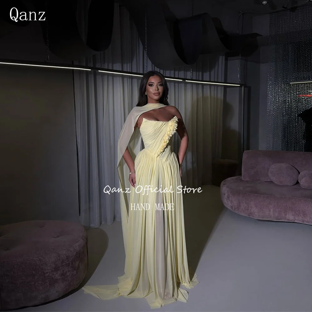 

Qanz Dubai Желтое вечернее платье Длинное трапециевидное драпированное шифоновое платье для торжественных случаев на одно плечо Свадебные платья для гостей по индивидуальному заказу