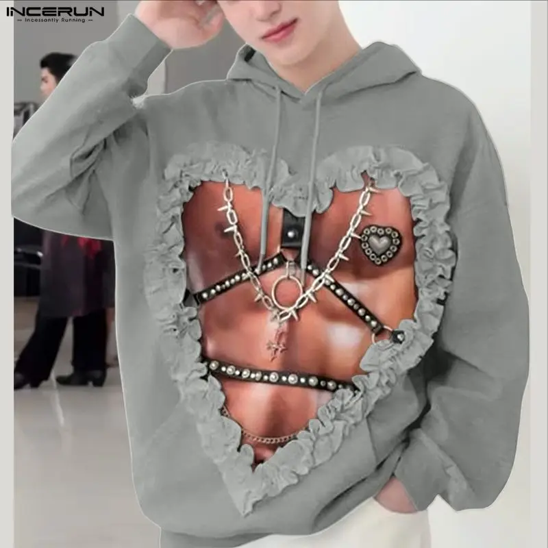 

Мужские толстовки INCERUN с принтом, капюшоном, длинным рукавом, оборками, свободного кроя, уличный стиль, модные повседневные пуловеры 2026, размеры S-5XL