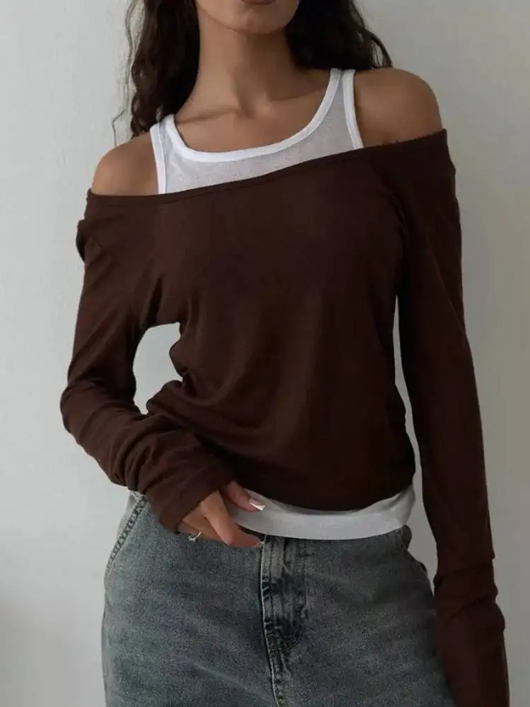 

Осенние повседневные узкие футболки в стиле пэчворк, женские мягкие футболки из модала с длинными рукавами, новые повседневные женские эстетические топы