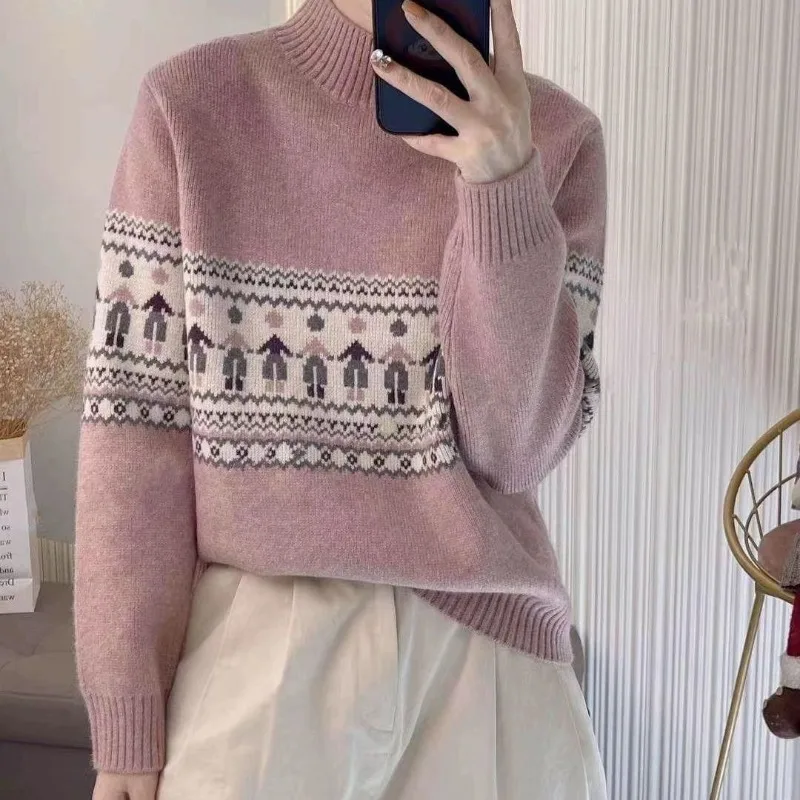 Women's Half High Collar Sweater Loose Autumn Winter New Retro Fashion Printed Wave Cut Long Sleeve Pullover Knitted Bottom Tops