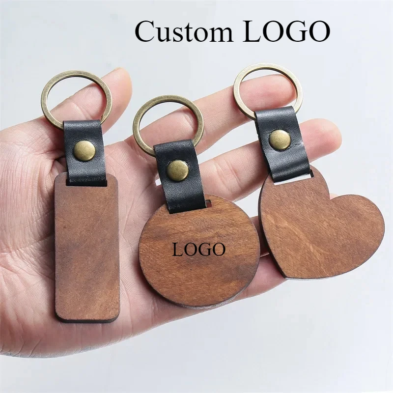 

Creative Leather Keychain Custom Logo Name Wood Pendant Bag for Men Woman Car Motorcycle Metal Keyring Key Chains Ring Gift