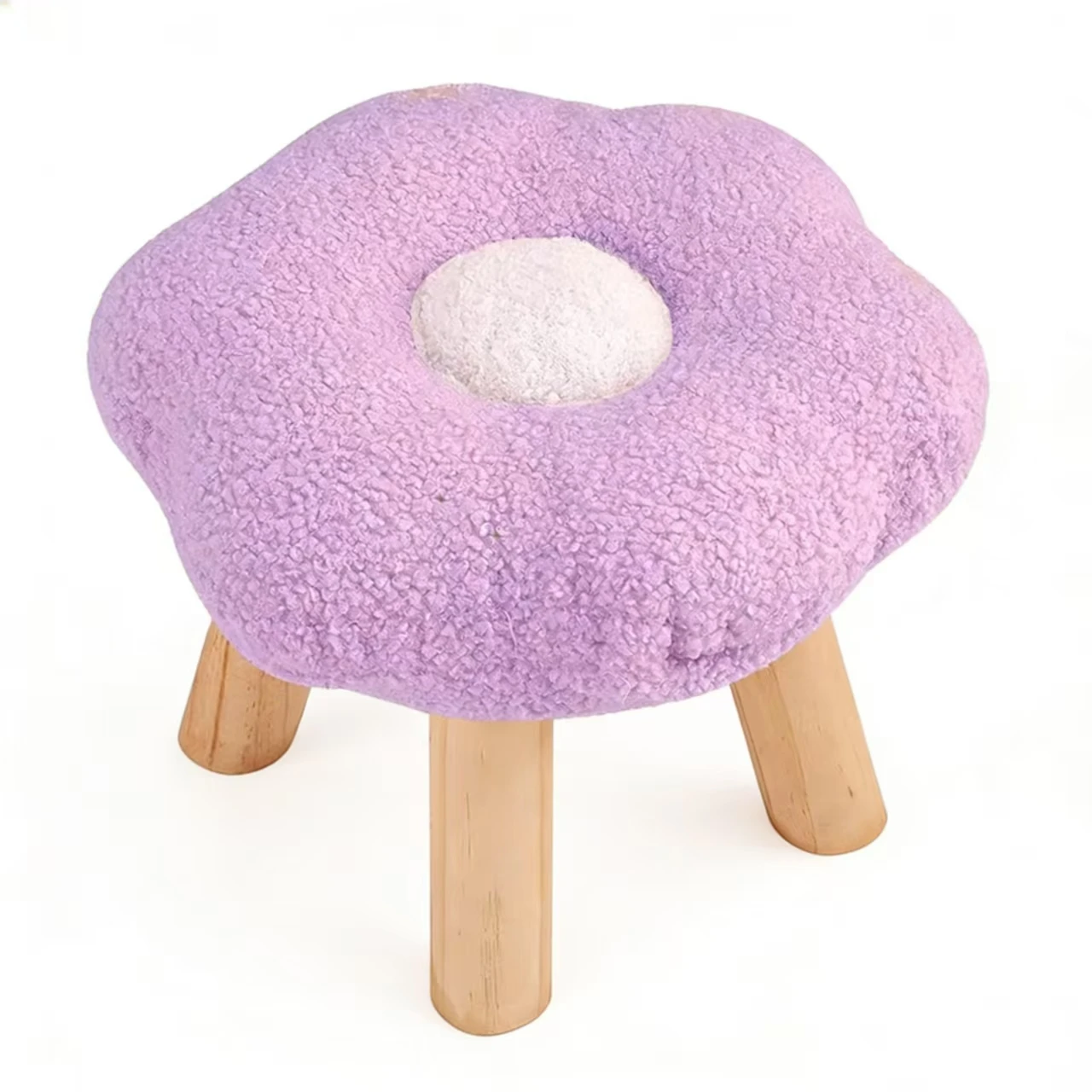Cute Flower-Shaped Plush Footstool with Wooden Legs - Soft Seat for Bedroom Vanity, Living Room & Modern Home Decor