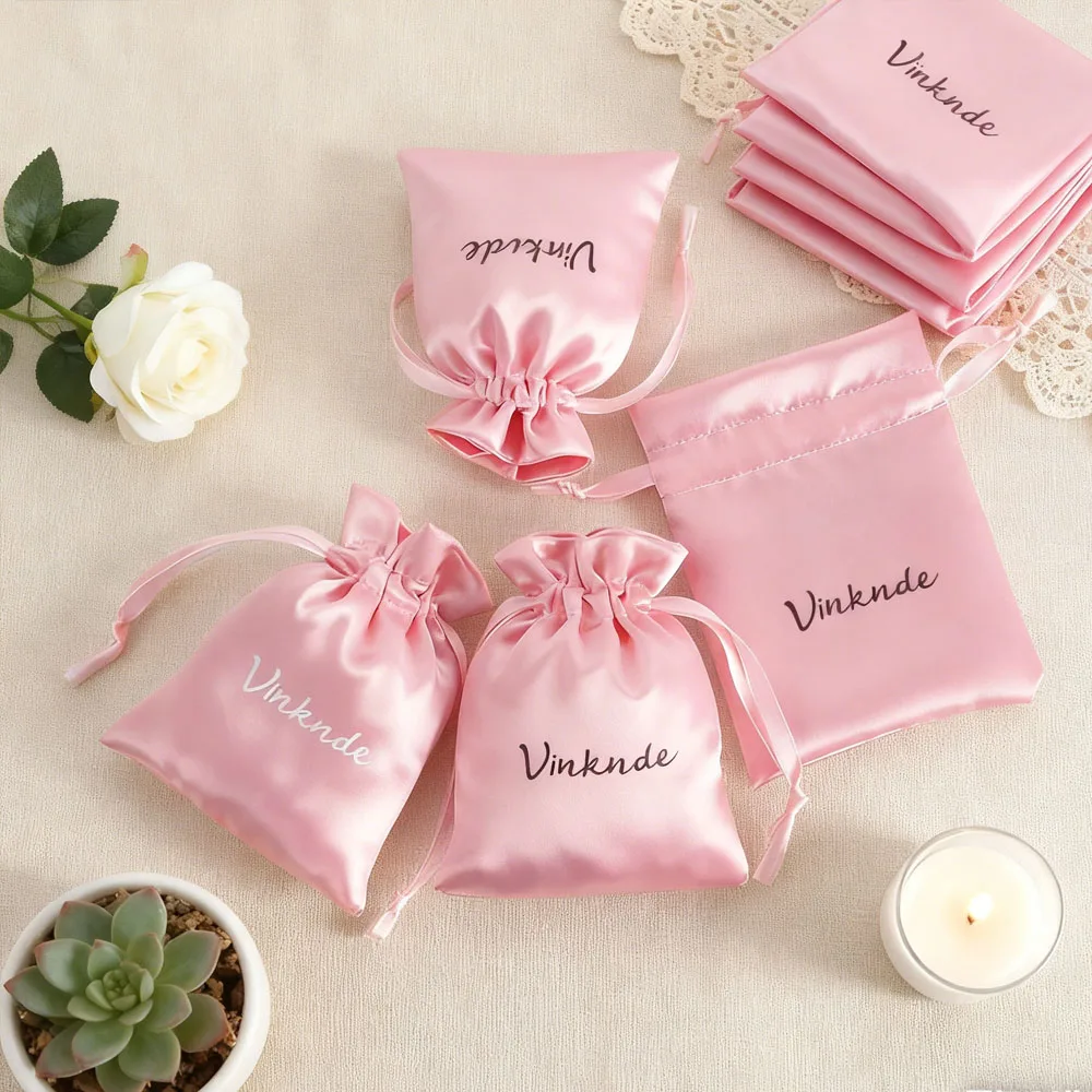 

50pcs Pink Satin Drawstring Bags Custom Dust Gift Bag Jewelry Package Pouch Personalized Logo Printed Wholesale Product Package