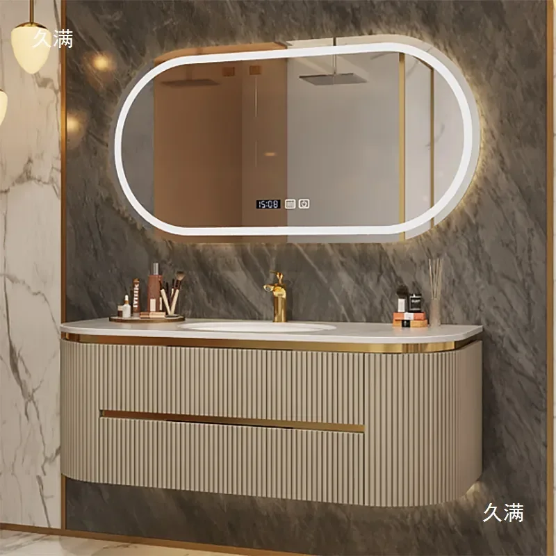 Light Luxury Special Shaped Rock Slab Oak Curved Bathroom Cabinet with Semi Round Washbasin Modern Vanity Unit