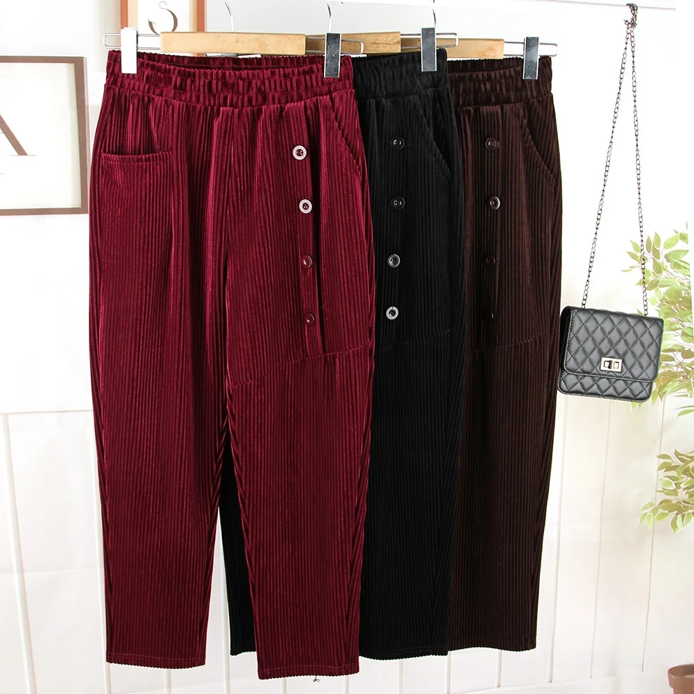 

Winter 3D Women's Cotton Trousers Buttoned Corduroy Harem Pants High Waist Slimming Long Pants Ladies Fashion