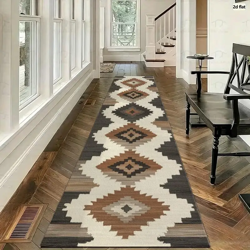 Southwestern Aztec Geometric Carpet Flooring, Retro Brown White Kilim Style Area Rug for Indoor Floor