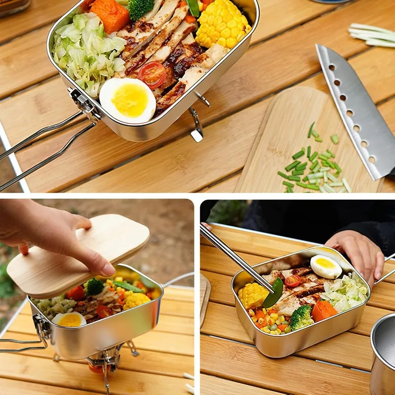 Camping Cookware Bento Box Outdoor Picnic Lunch Box 2 in 1 Cookware Pot Wood Cutting Board Camping Set Food Container Accessory