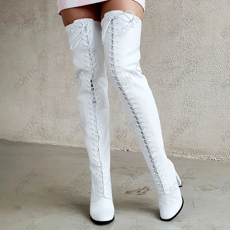 Rontic Handmade Women Winter Thigh Boots Lace Up Block Heels Round Toe Beautiful White Casual Shoes US Size 5-20