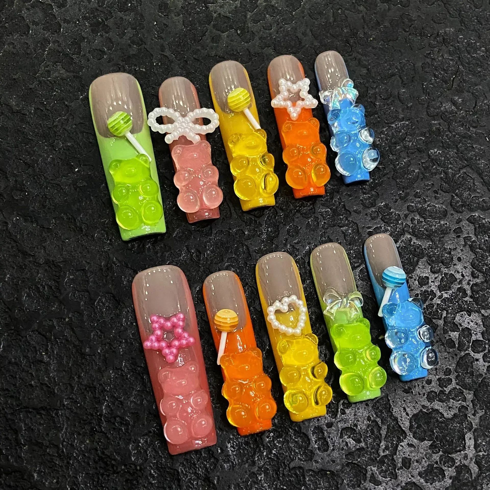 10pc Cute Long Handmade Press on Nails Candy colorful Bear Coffin False Nails with Heart Star Coffin Full Over Fake Nails Tips