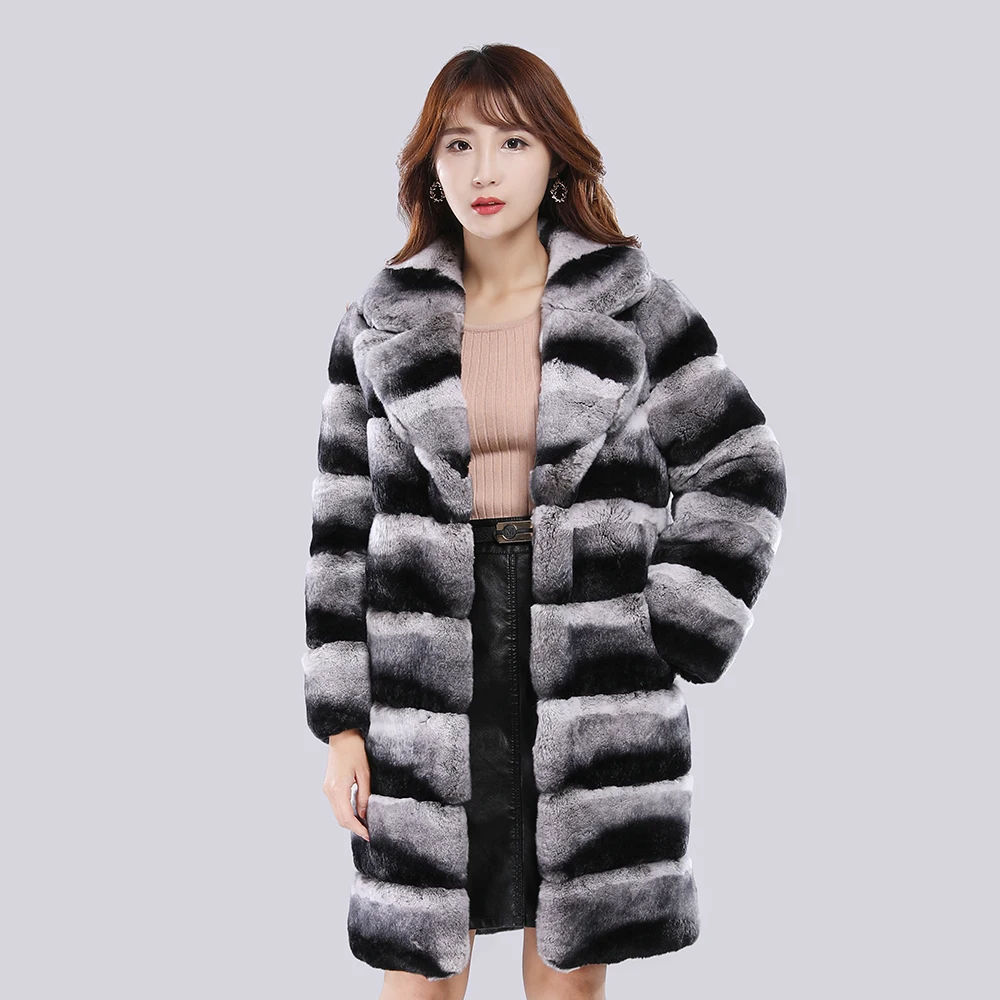 2024 Fashion Women Natural Rex Rabbit Fur Coat With Fur Collar Warm Winter Jacket Women Warm Chinchilla Fur Jacket Real Fur Coat