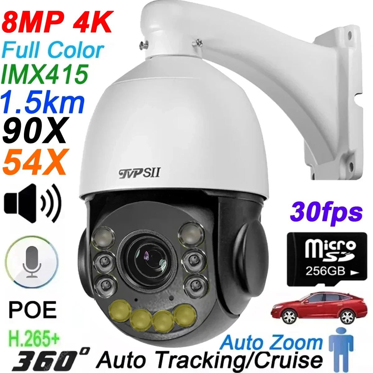 Metal Full Color Auto tracking 8MP 4K 30fps 90X Optical Zoom 360° Rotation Audio Outdoor ONVIF POE PTZ IP Speed Doom CCTV Camera