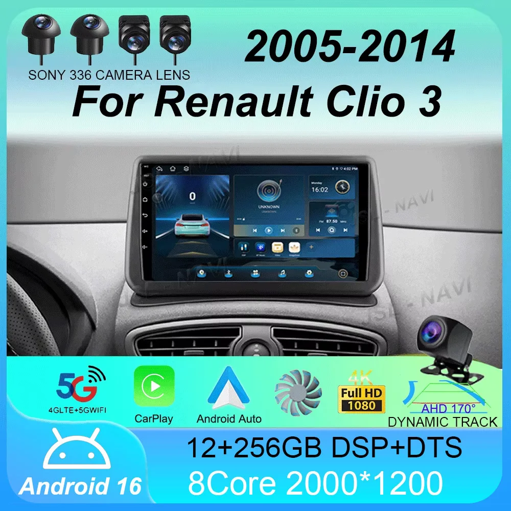 

Автомагнитола Android 16 для Renault Clio 3 2005-2014 с беспроводным CarPlay, 4G, мультимедийный плеер, навигация GPS, 2din