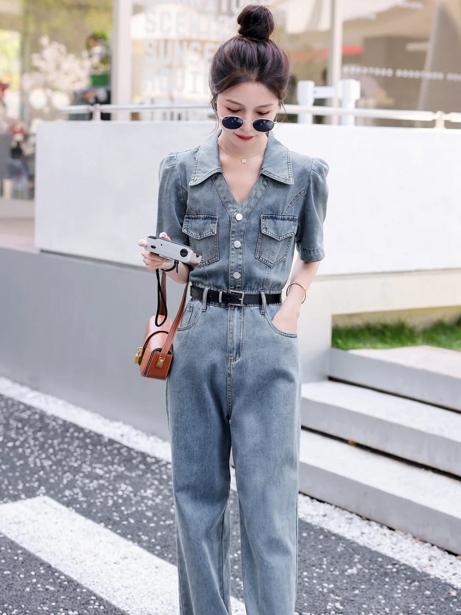 

Джинсовый комбинезон с эффектом похудения и высокой талией для женщин: модный повседневный летний комплект из легкой ткани светлых оттенков