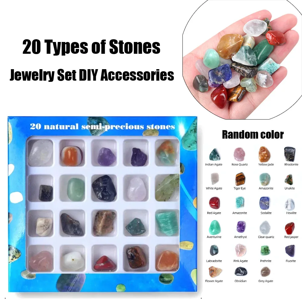 20pcs Square Box Crystal Chakra Healing Stones and Crystals Set Irregular Gemstone Rose Quartz DIY Jewelry Sets Bedroom Decor