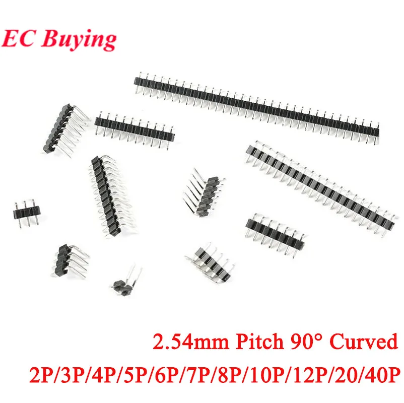 10pcs 2.54mm Pitch 90° Curved Single Row Male PCB Board Pin Header Connector Strip Pinheader 2P/3P/4P/5P/6P/7P/8P/10P/12P/20/40P