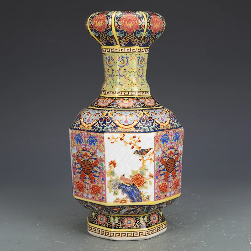 Qing Yongzheng Antique Enamel Vase Floral and Bird Porcelain Chinese Old Kiln Collectible Traditional Art Piece Home Decor