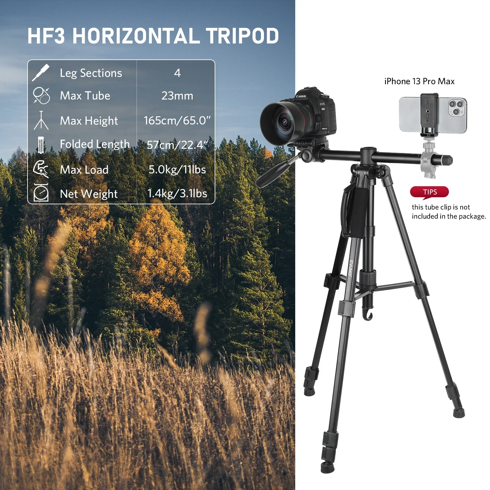 EVUMO HF3 Professional Horizontal Tripod Max 1.67M Lightweight Travel Aluminum Tripod Stand Bluetooth for Canon Nikon Sony Phone