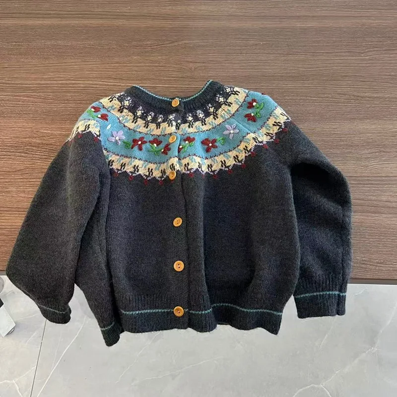 

2025 Winter New Children Sweater Coat Girls Fair Isle Knitted Cardigan Baby Warm Tops Toddler Thick Casual Knitwear Kids Clothes