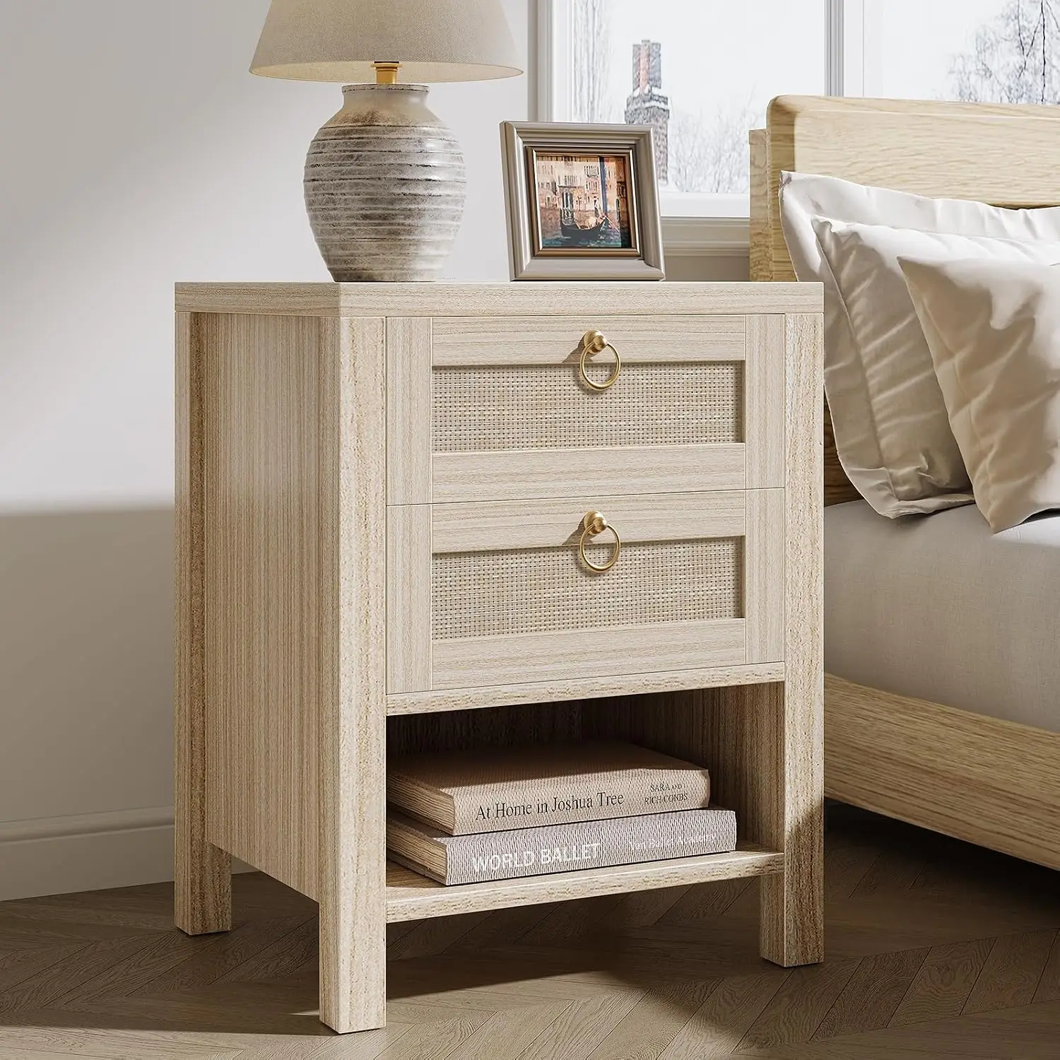 Rattan Nightstand with Charging Station - Boho Night Stand with 2 Drawers