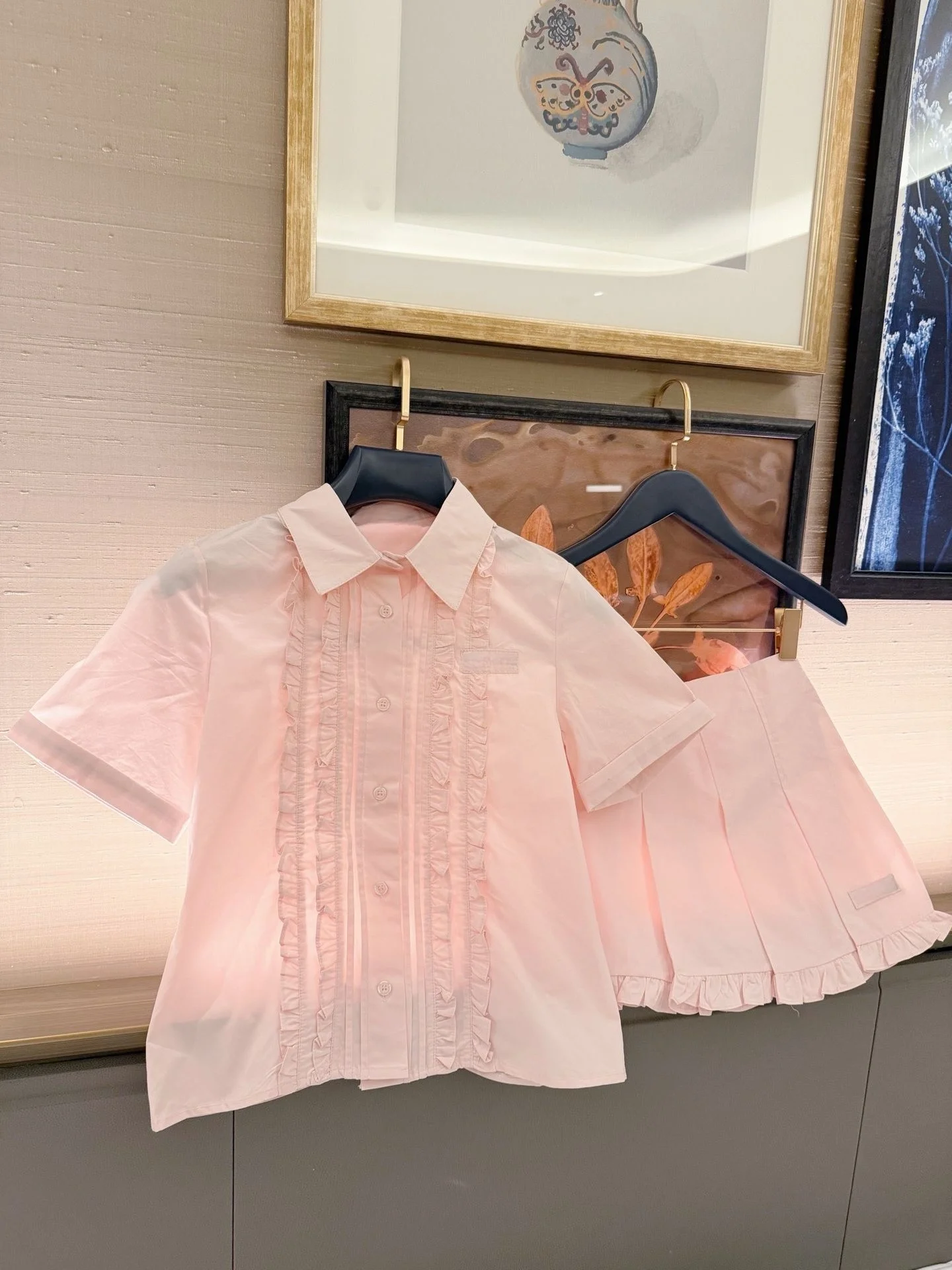 Summer New Wood Grain  Short Sleeve Shirt Pleated Skirt Set Women Anti Aging Girl Style Two Piece Set Fashionable Casual ...