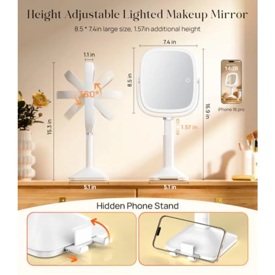 1X/10X Lighted Magnifying Mirror with Lights, Height Adjustable Lighted Makeup Mirror with Magnification for Desk, Hidden Phone view 2