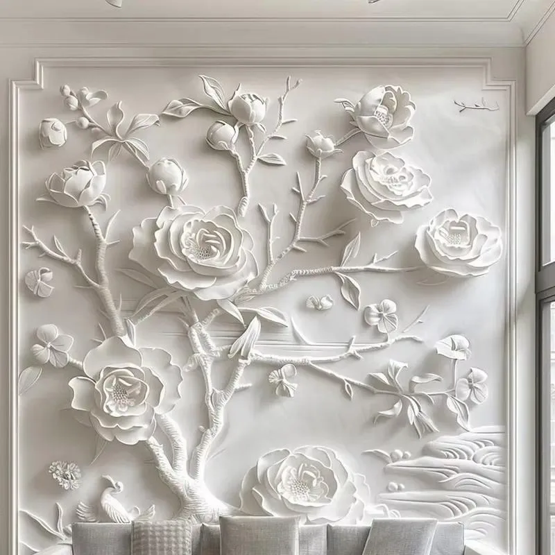 Modern Large Scale Realistic Flower Relief Wall Art Custom Hand Carved Sturdy Wooden Box Interior Decor