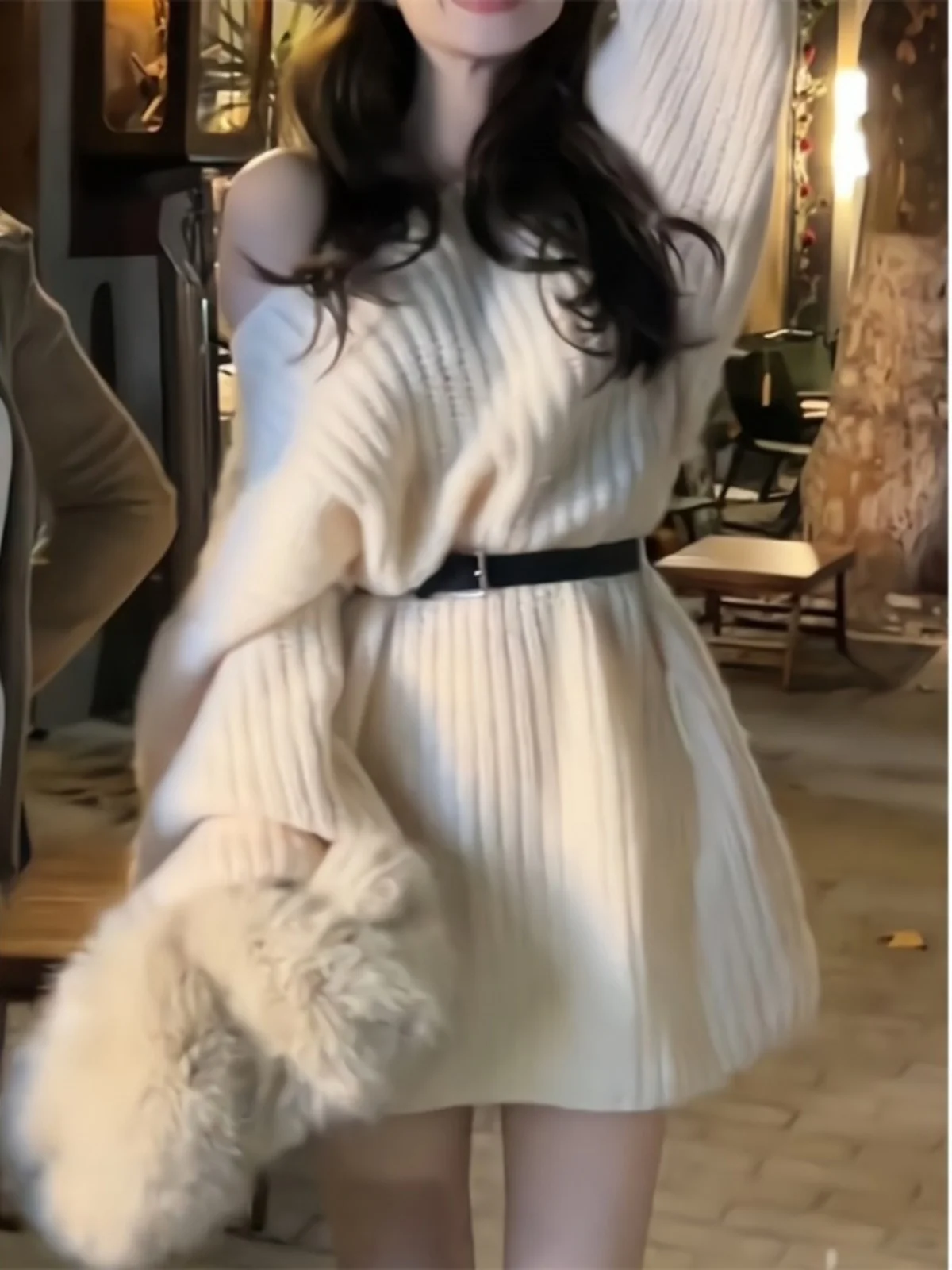 Ladies' Knitted Shoulder-baring Sweater Bohemian Loose Fit Mid-length One-shoulder Design Spring Autumn Comfortable Casual Style