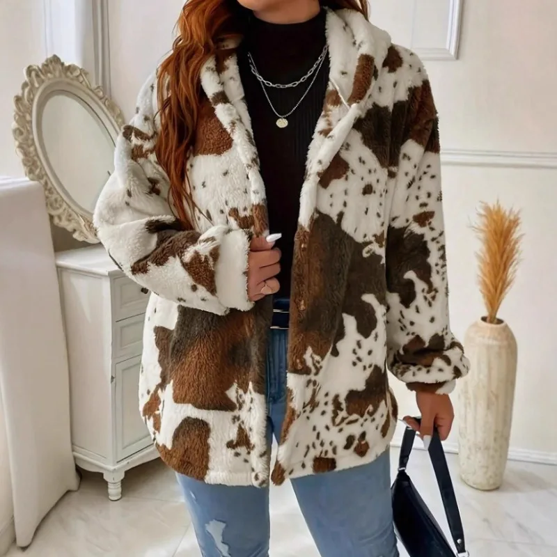

2025 Autumn and Winter Women's Clothing New Printing Fashion Hooded Fluffy Top Jacket Women