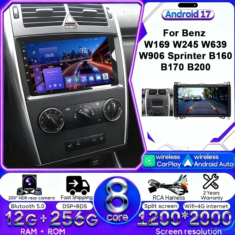 Автомагнитола Android 17 с 4G WIFI и Carplay для Mercedes-Benz W169 W245 W639 2005-2012 B160 B200, TPMS, DAB, OBD2, DVD, GPS, сенсорный экран
