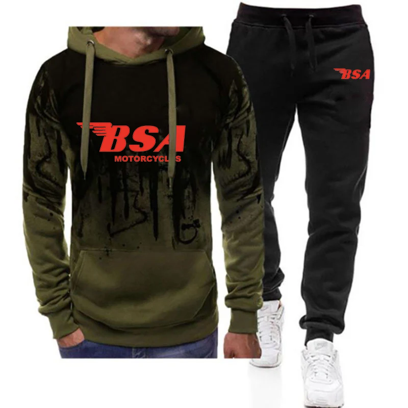 

2025 Spring And Autumn Men's Bsa Motorcycles Logo Print Gradient Color Hooded Hoodies+Leisure Sports Long Pants Simple Sets