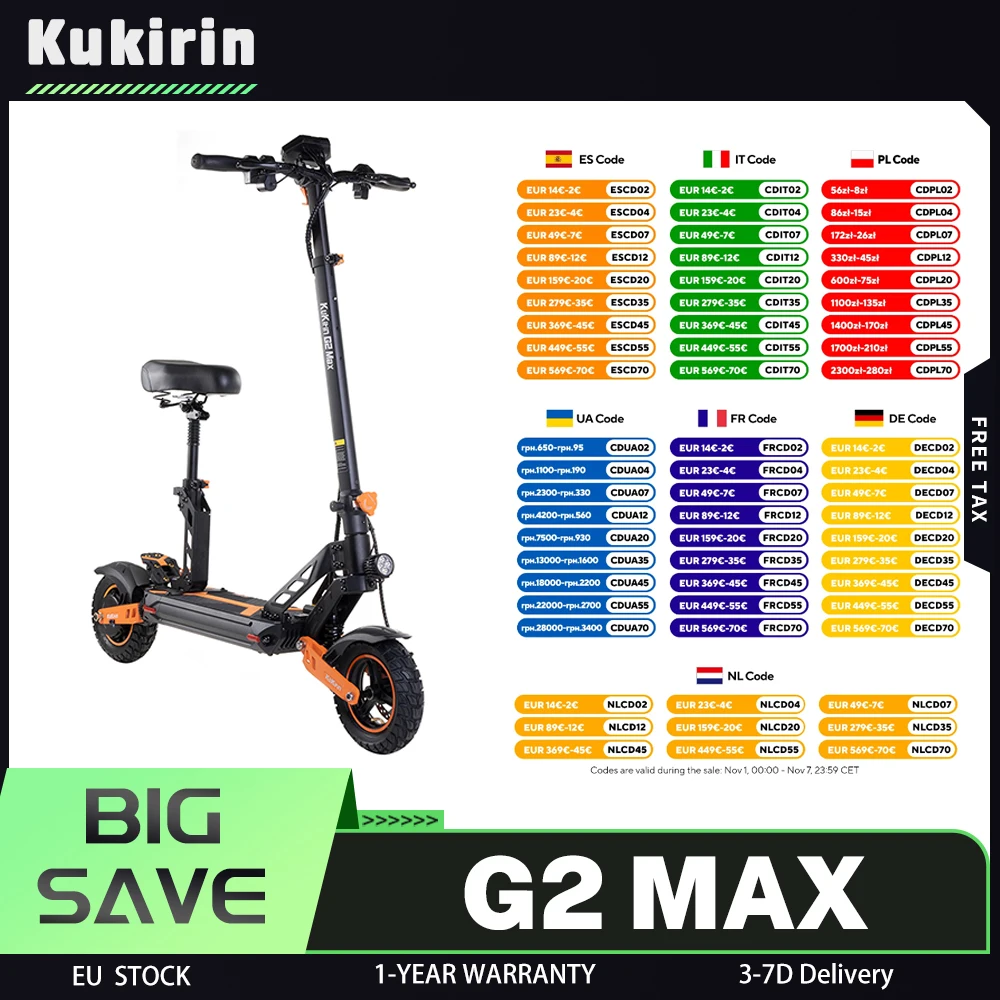 KUKIRIN G2 MAX Scooter électrique, moteur 1000W, batterie 48V 20,8Ah, portée 70km, 3 vitesses, pneus pneumatiques tout-terrain 10*2.75''
