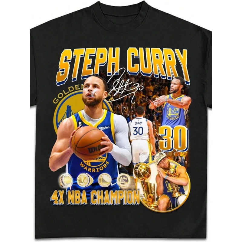 Camiseta Vintage de algodón de talla europea Steph Curry Night Nite Celebration cuello redondo manga corta estampada camiseta de moda Casual
