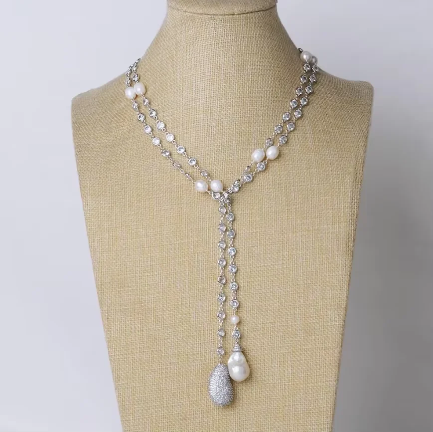 

Jewelry 49" White Keshi Pearl Cz Pave Chain Long Necklace