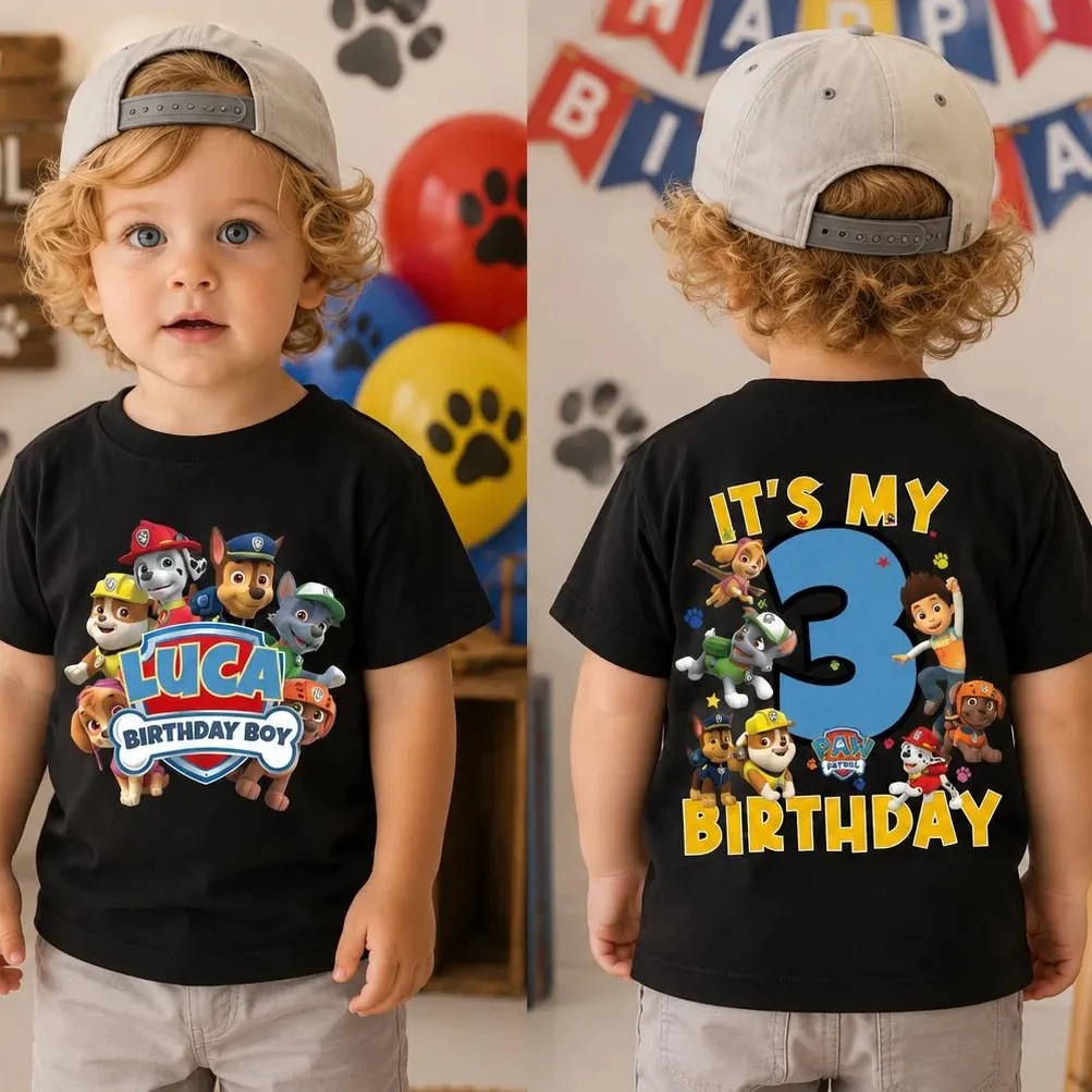 Cartoon PAW Patrol Kids T‑Shirt Double‑Sided Puppy Character Print Short Sleeve Tee Boys Birthday Party Casual Cotton Tops
