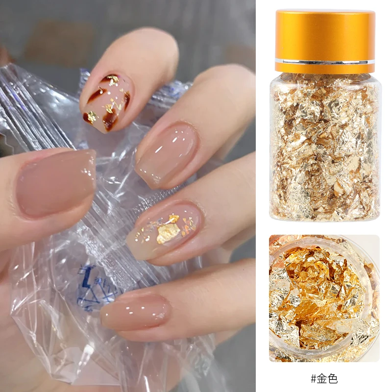 3 ขวดผสมสี Glitter Nail Art สติกเกอร์กระดาษฟอยล์ไม่สม่ําเสมอ SHINY Leaf GOLD Flakes เล็บ DIY ฟอยล์อุปกรณ์ตกแต่ง