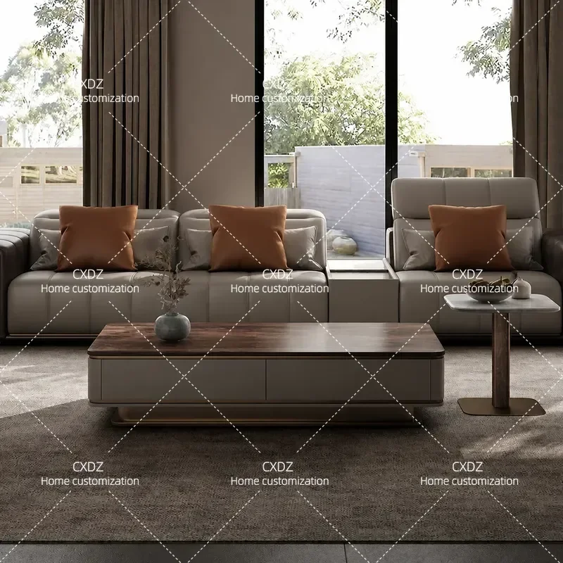 Walnut Rectangular Coffee Table with Natural Marble Top Solid Wood Storage High End Living Room Furniture Light Luxury Style