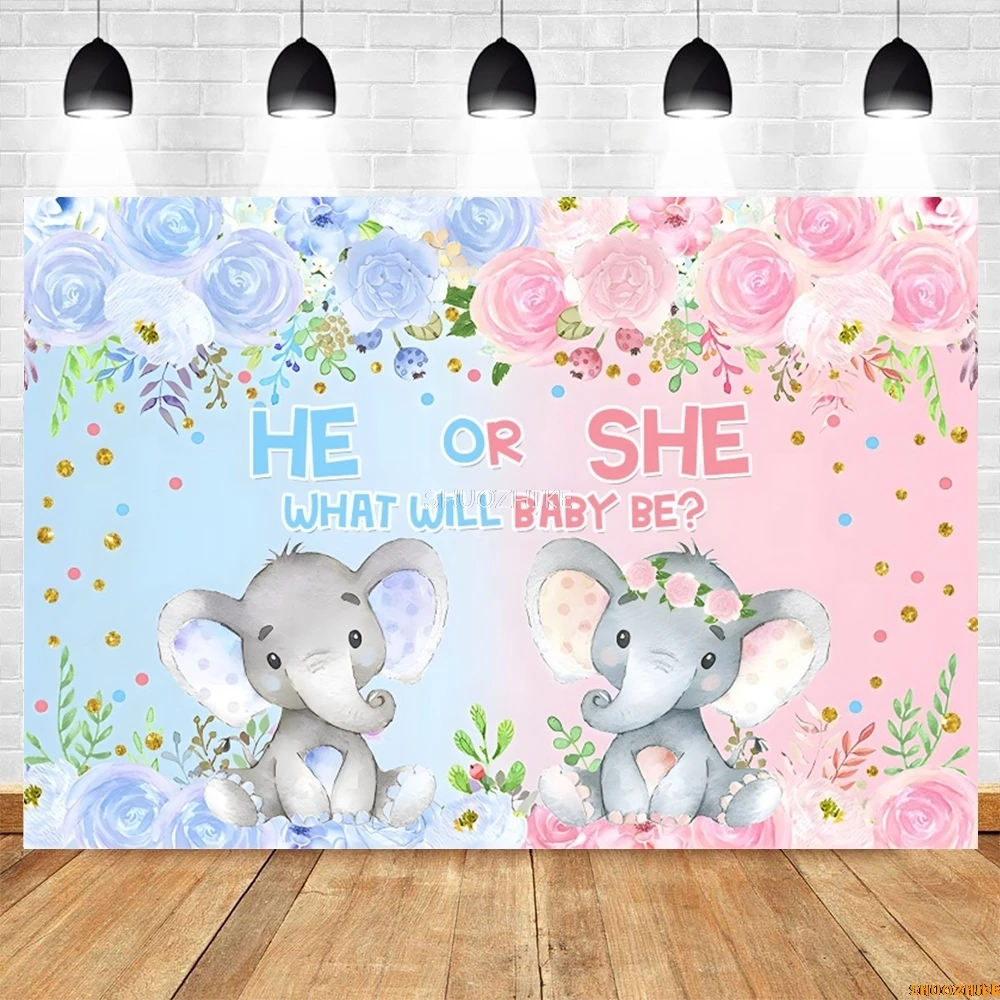 Gender Reveal Boy Or Girl Backdrop Blue Pink Elephant Bear Balloon He Or She Newborn Baby Shower Photography Background Decor