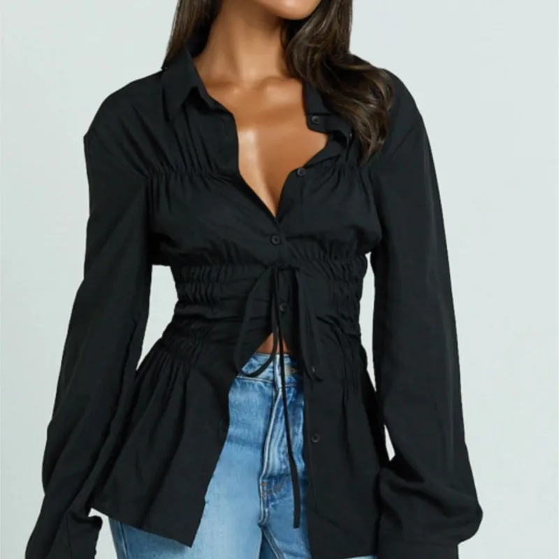 

Autumn New Arrivals Tie Up Waist Shirts Long Sleeves Lapel Blouses Fashion Single-breasted Blusas De Mujer Leisure Camisas Tops