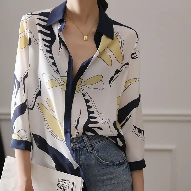 

2024 Spring Summer New Fashion Luxury Ladies Chiffon Shirt France Style Woman Printing Blouse Half Sleeve Female Tops