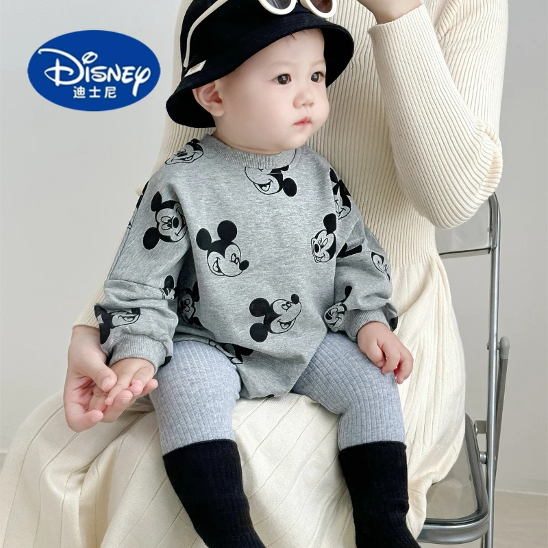 

Disney 2025 Spring New Mickey All Over Print Gray Long Sleeve Onesie Set Korean Style Baby