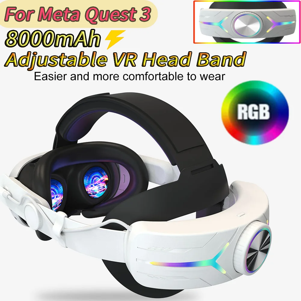 حزام رأس VR قابل للتعديل RGB بقدرة 8000 مللي أمبير في الساعة وحزام رأس بديل قابل لإعادة الشحن مريح يقلل من ضغط الوجه لسماعات ميتا كويست 3