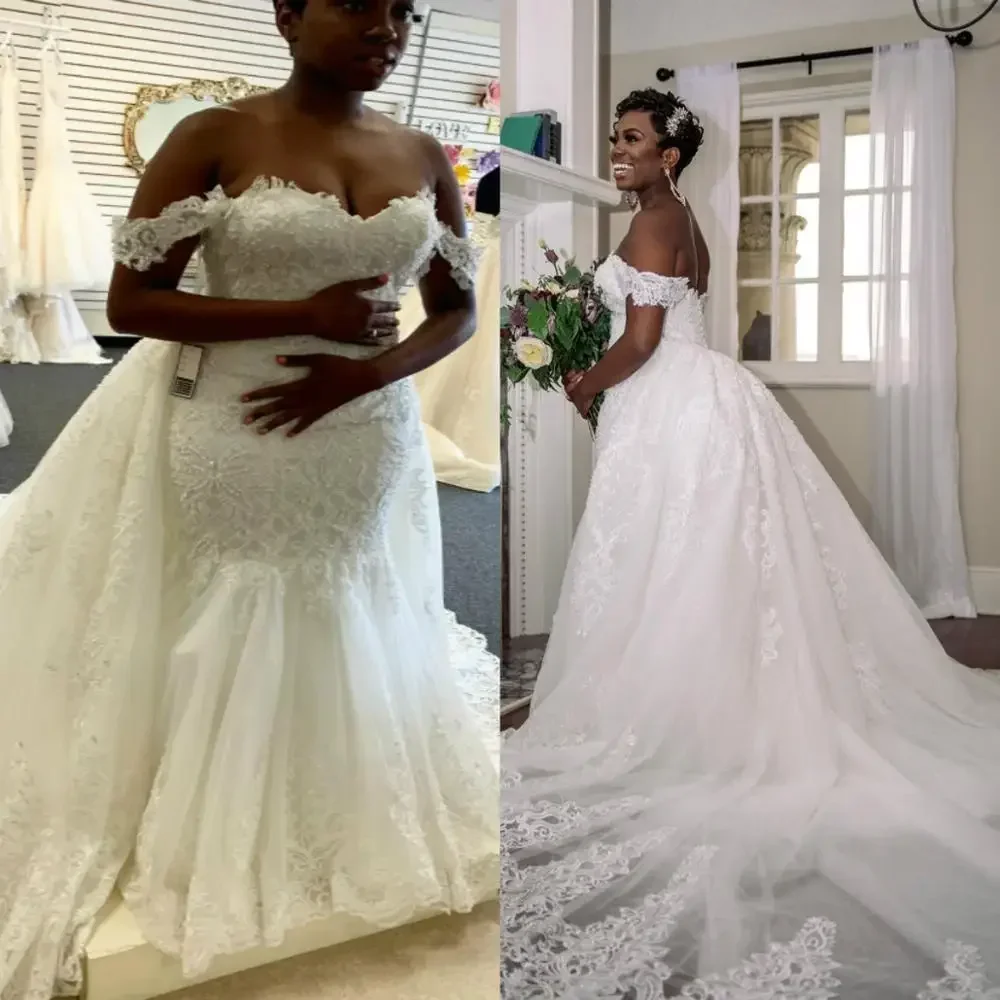 Customized African  Sweetheart Wedding Dresses With Detachable Train Vestidos Off The Shoulder Beaded Lace Country Bridal Gown