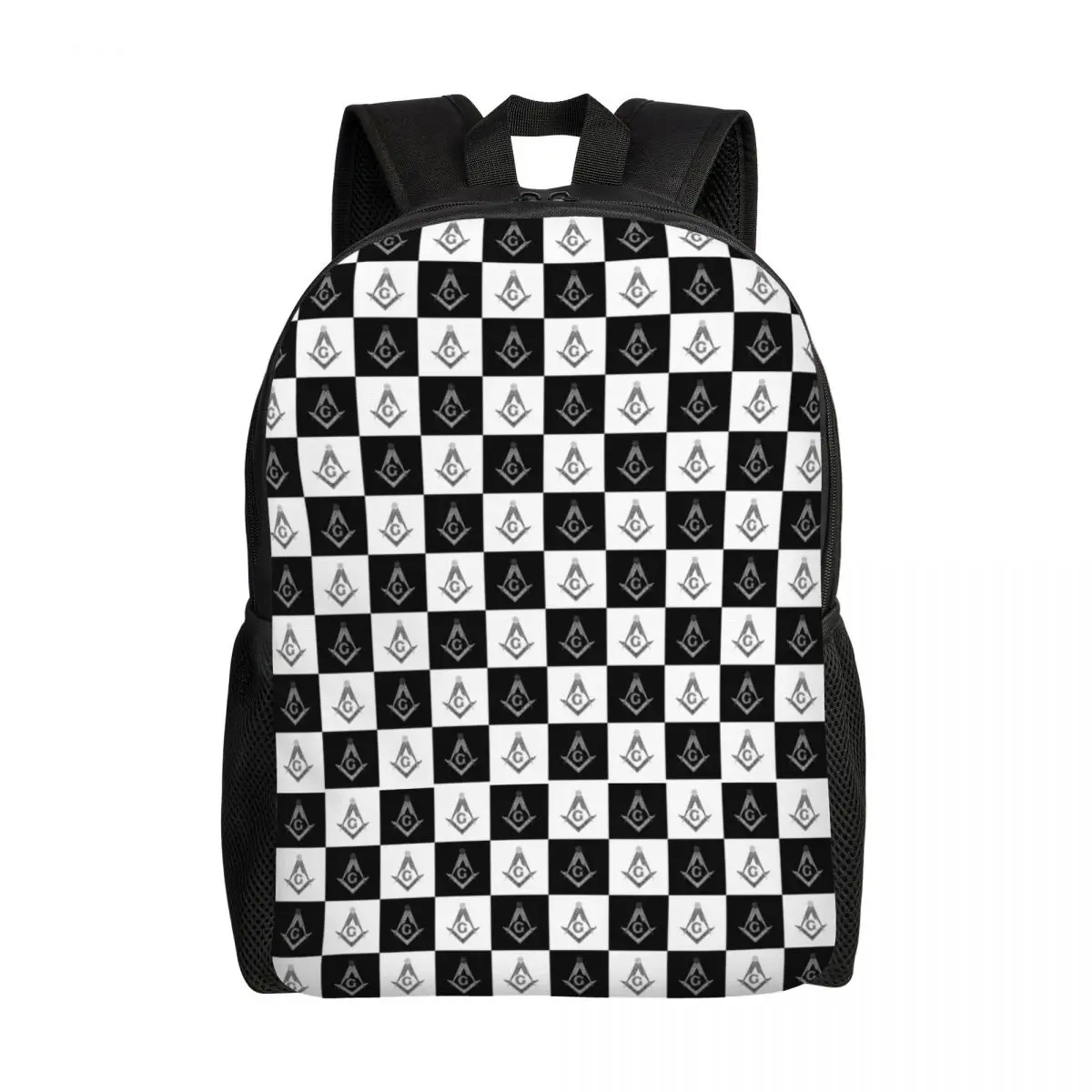 Custom Freemason Checkered Black And White Backpacks for Boys Girls Masonic Mason School College Travel Bags Women Men Bookbag