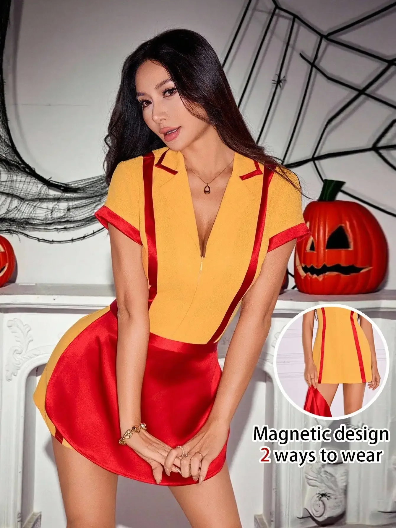 

PETITE Women's Cosplay Dress, Classic Halloween Costume Suitable For Parties, Petite Size Red And Yellow Dress Colorblock Dress
