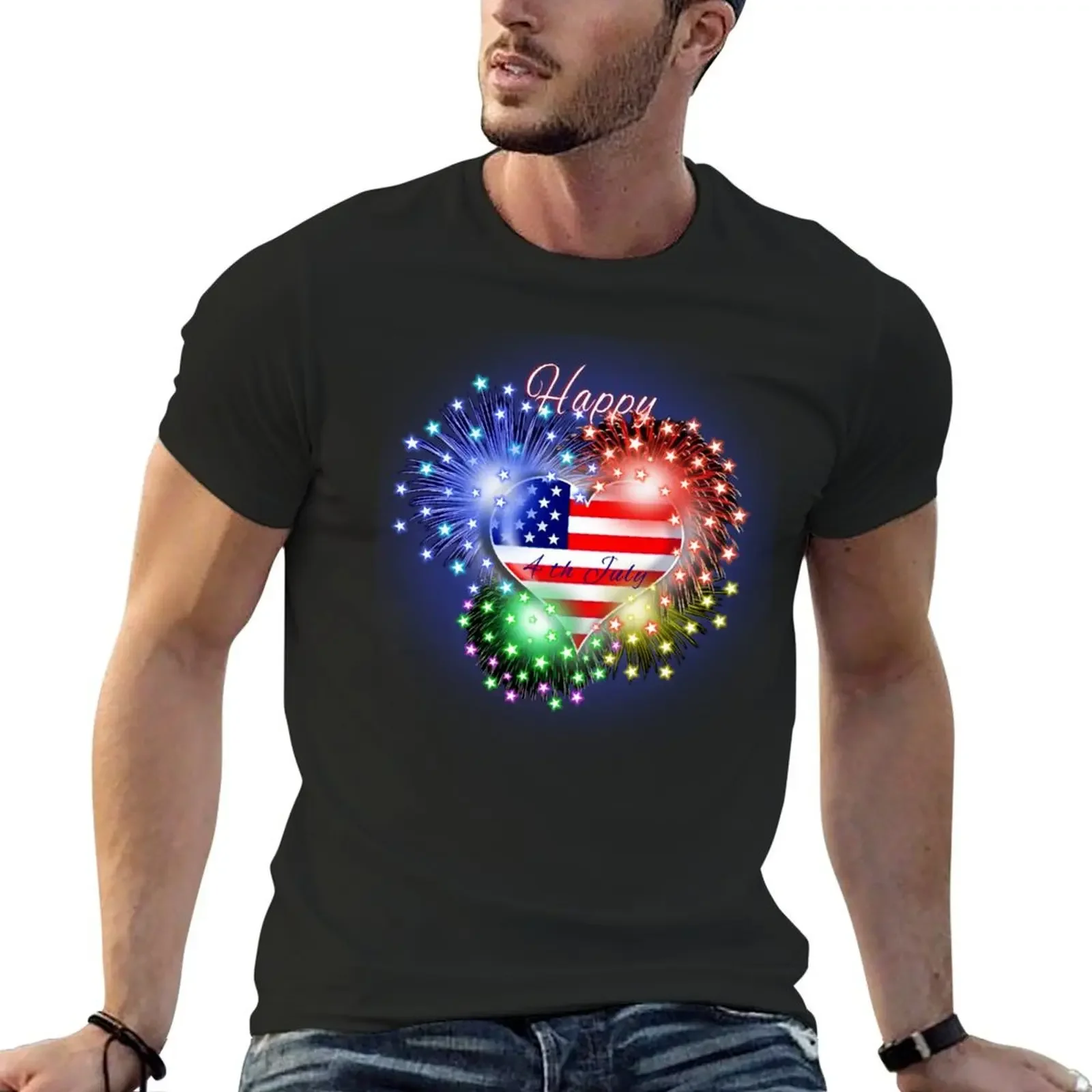 

Happy 4th July Fireworks Heart T-Shirt graphic tee shirt anime figures blue archive shirts graphic tees men tshirt