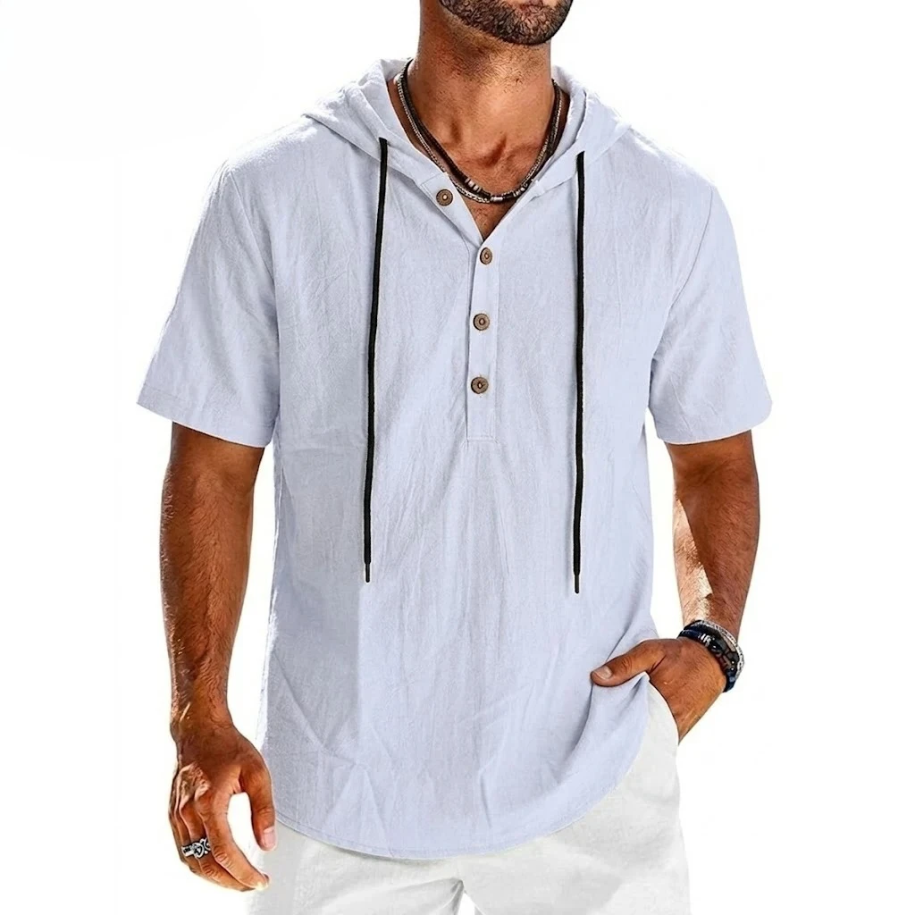 

Summer Cotton Linen Shirts for Men Casual Shirts Lightweight Short Sleeve Button Beach Hooded Shirts Hawaiian T Shirts for Men