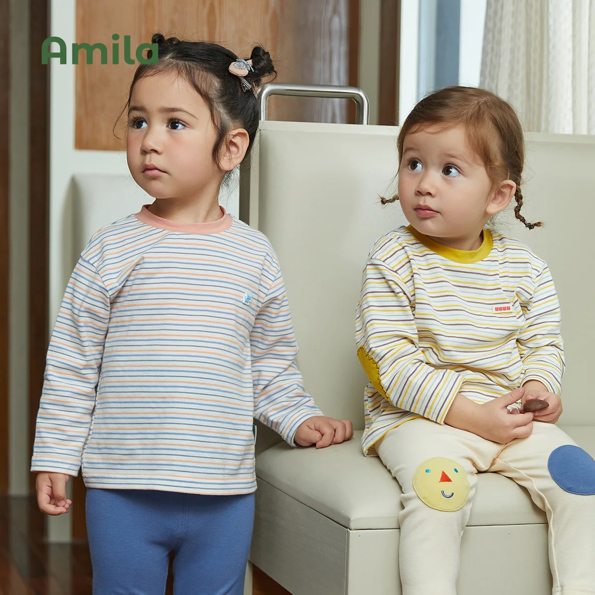 

Amila Children's T-Shirt 2022 Autumn New Cute Round Neck Striped Baby Top Casual Boys And Girls Clothes Fashion