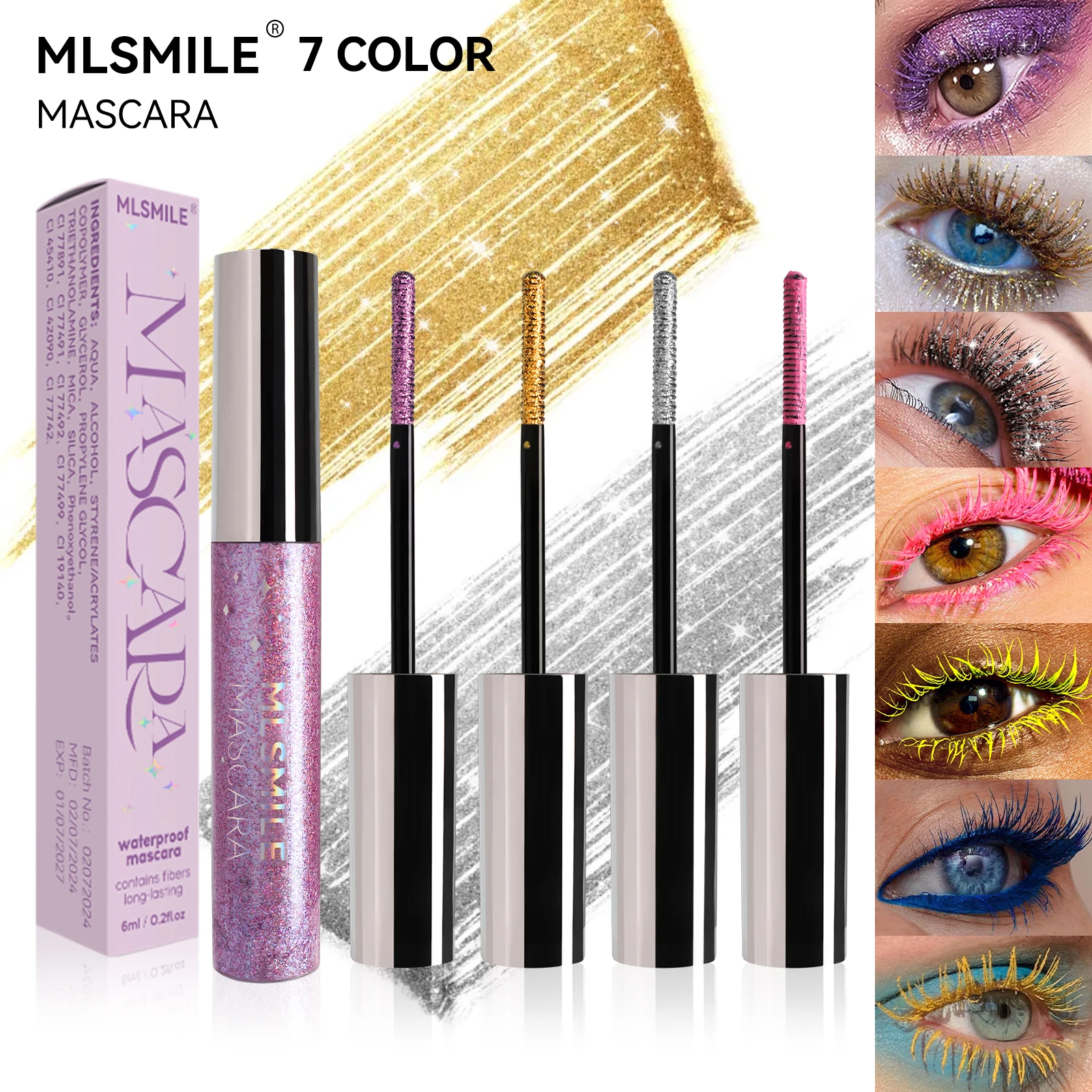 MLSMILE Mascara nacré à paillettes – Maquillage de Noël imperméable et anti-taches avec pinceau en spirale pour cils fins et scintillants