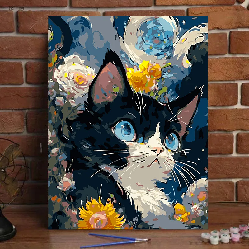 Digital Oil Painting DIY Hand Drawn Van Gogh Starry Sky Cat Decoration Painting Filling and Coloring Decompression Oil Painting