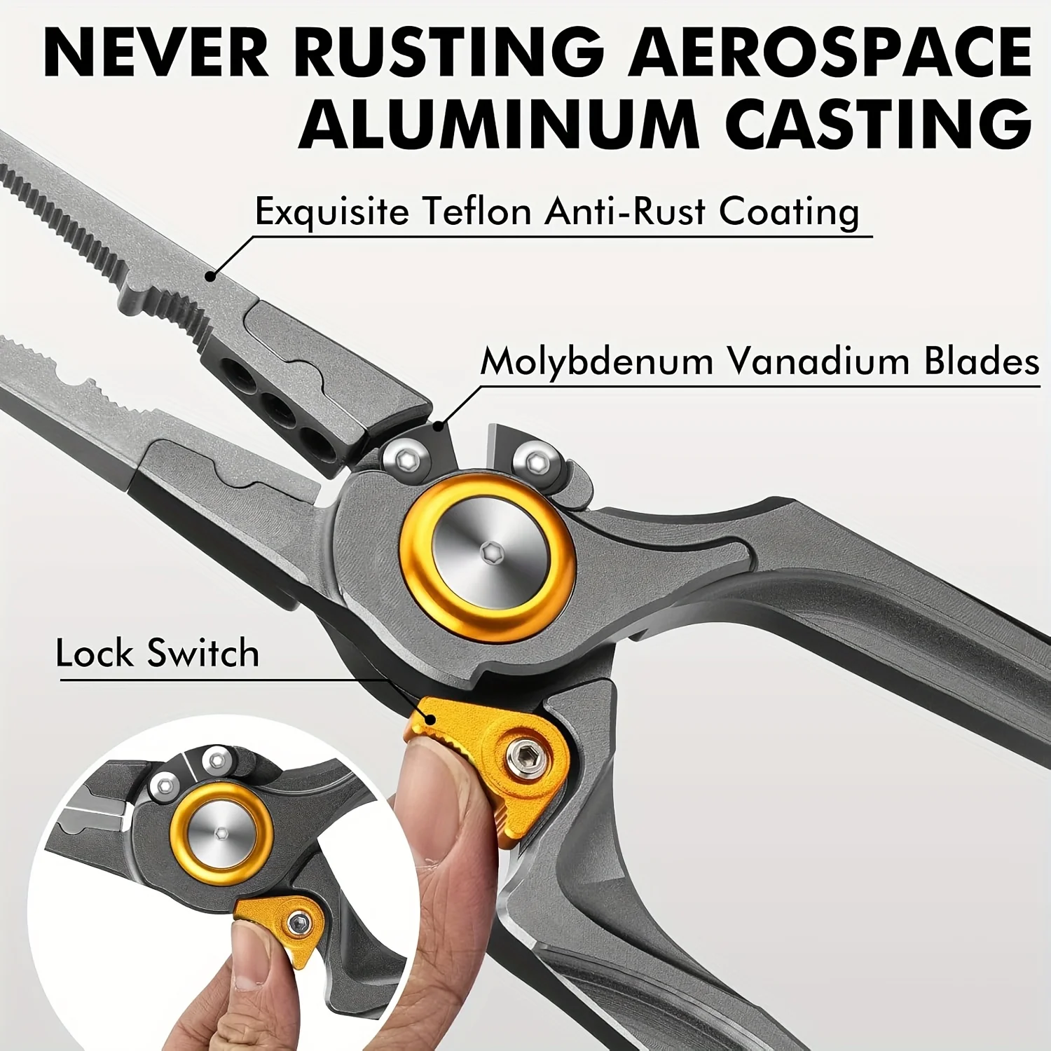 Lockable Saltwater Fishing Pliers with Mo-V Blade Cutter, Corrosion-Resistant Teflon Coated Multi-Function Fishing Tool, Split R